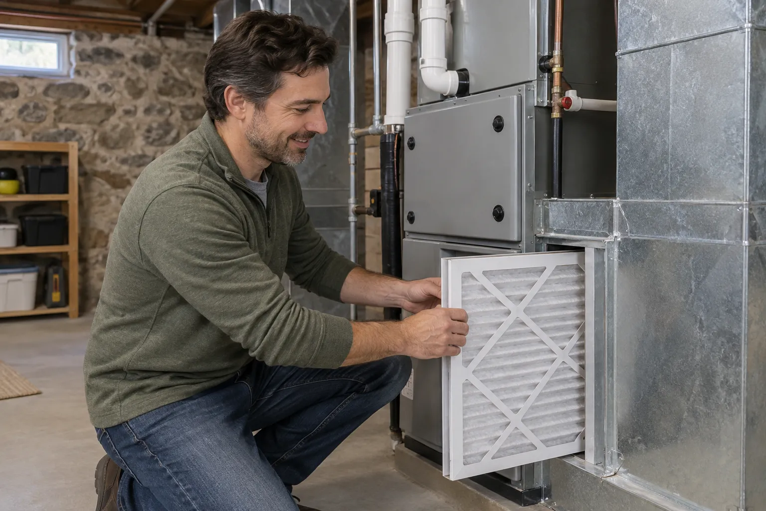 Homeowner changing an air filter at home in the Cranston area
