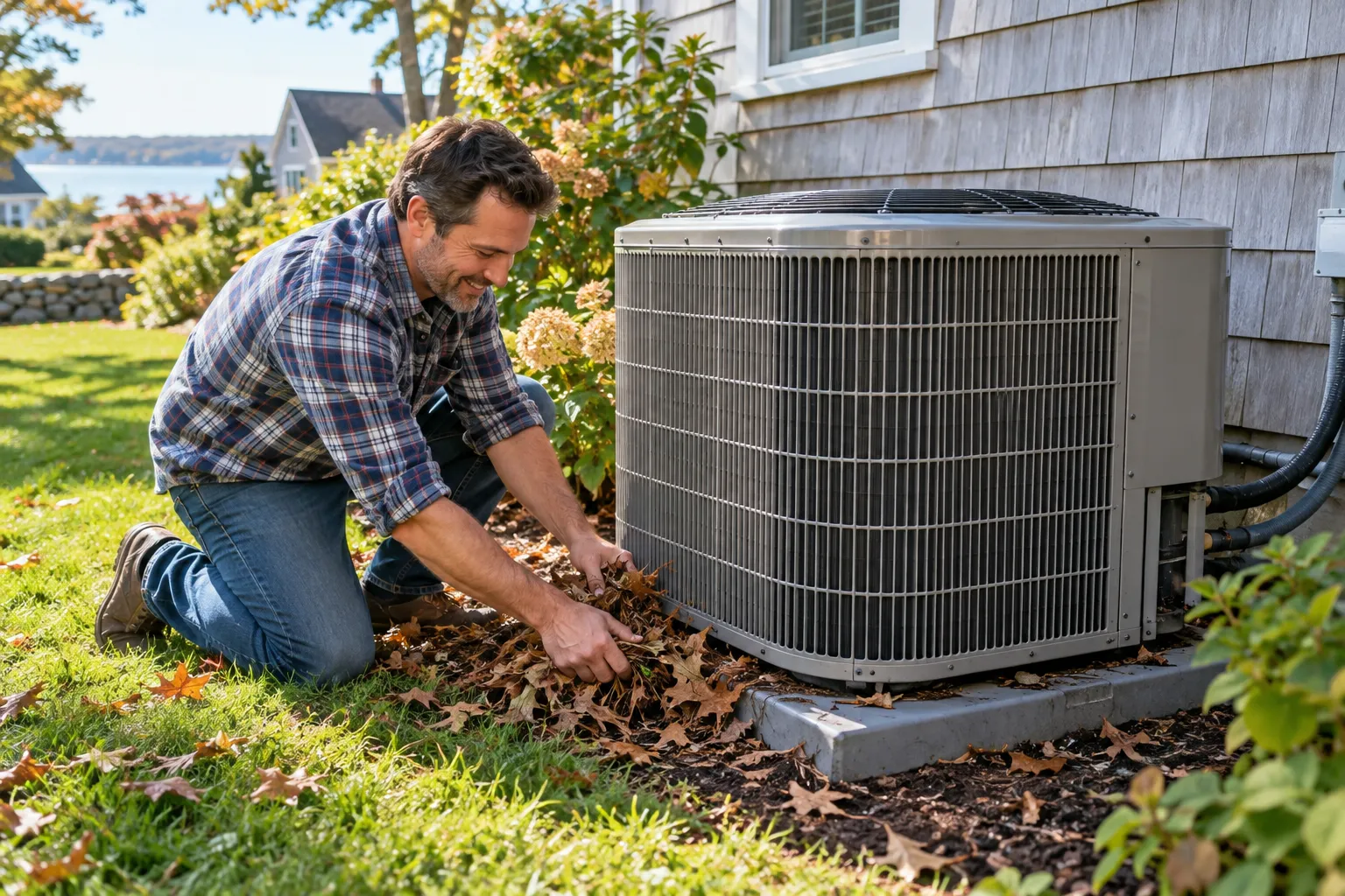 A homeowner checking the outdoor AC unit beside a house in Cranston